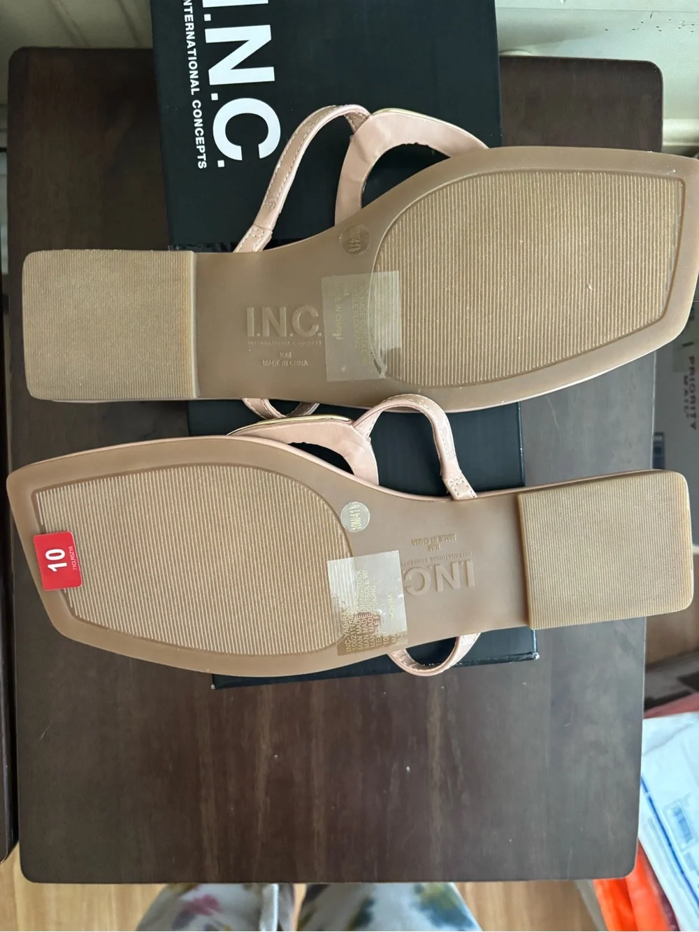 BNIB, I.N.C. Nude Patent Thong Sandals with Gold Accent